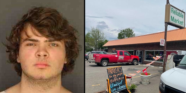 Left: Photo shows the mugshot photo for Payton Gendron, 18 (Erie County DA); Right: Image shows Conklin Reliable Market (Fox News Digital/Michael Ruiz)