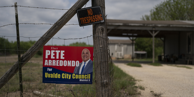 A campaign sign for Pete Arredondo, the chief of police for the Uvalde Consolidated Independent School District, is seen in Uvalde, Texas, on Monday, May 30. Arredondo was the on-scene commander during the shooting, officials say.