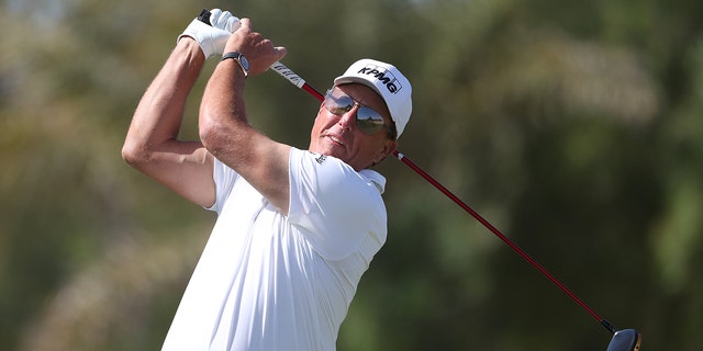 Phil Mickelson tees off during Day 3 of the PIF Saudi International at Royal Greens Golf and Country Club Feb. 5, 2022, in Al Murooj, Saudi Arabia. 