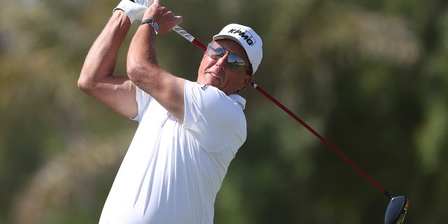 Phil Mickelson tees off the during the PIF Saudi International on Feb. 5, 2022, in Al Murooj, Saudi Arabia.