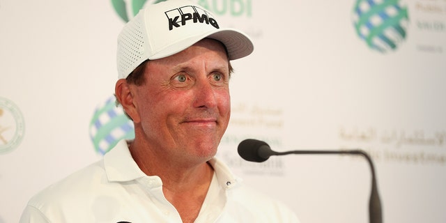 Phil Mickelson speaks to the media during a training tour prior to PIF Saudi International at Royal Greens Golf and Country Club February 2, 2022, in Al Muruj, Saudi Arabia.