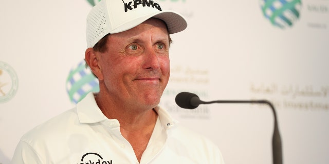 Phil Mickelson talks to the media during a practice round prior to the PIF Saudi International at Royal Greens Golf and Country Club Feb. 2, 2022, in Al Murooj, Saudi Arabia.