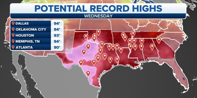 Map of potential record-high temperatures