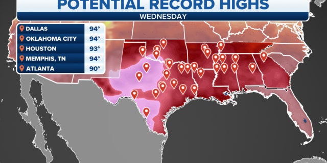 Map of potential record-high temperatures