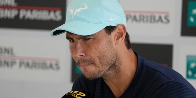 Spain's Rafael Nadal speaks to reporters during a press conference at the Italian Open tennis tournament in Rome on Monday, May 9, 2022. 