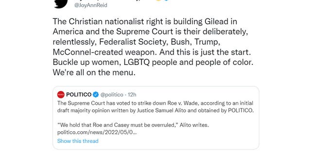 MSNBC host Joy Reid railed against the reported Supreme Court draft opinion overturning Roe v. Wade in a May 2, 2022 tweet. (Screenshot/Twitter)