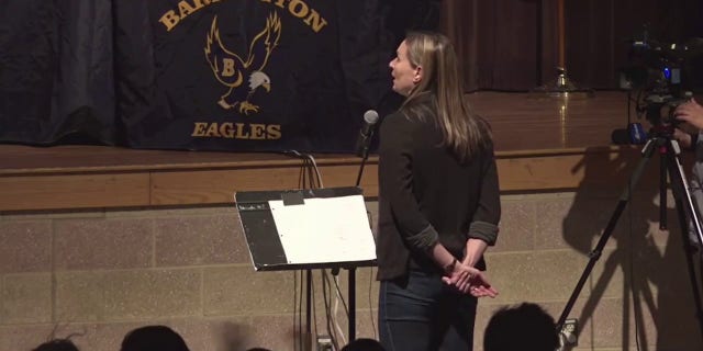 Parent speaks at March 30 Barrington Public Schools meeting. 