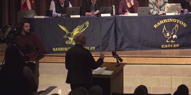 A parent speaks at a March 30 Barrington Public Schools meeting.