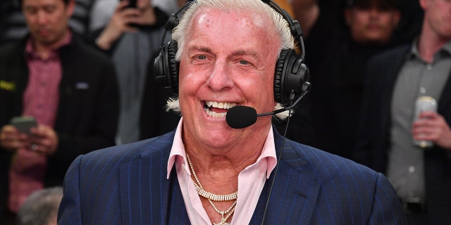 Ric Flair joins a telecast during the Los Angeles Lakers-New Orleans Pelicans game at Staples Center on Feb. 25, 2020, in Los Angeles, California.