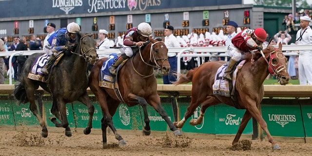 horses running ahead of each other in a race