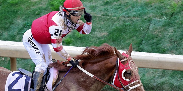 Jockey Sonny Leon responded after Rich Strike won the Kentucky Derby on May 7, 2022.