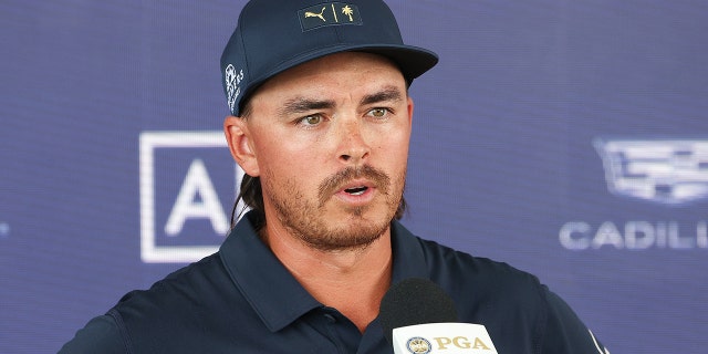 Rickie Fowler is interviewed prior to the start of the 2022 PGA Championship at Southern Hills Country Club on May 16, 2022, in Tulsa, Oklahoma.