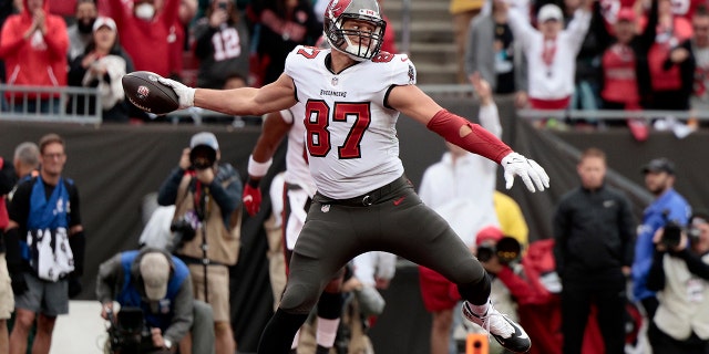 Buccaneers' Rob Gronkowski celebrates after scoring a touchdown against the Philadelphia Eagles at Raymond James Stadium on Jan. 16, 2022, in Tampa, Florida.
