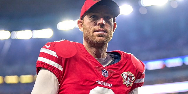 San Francisco 49ers kicker Robbie Gould celebrates with fans after an NFC wild-card game against the Dallas Cowboys Jan. 16, 2022, in Arlington, Texas.