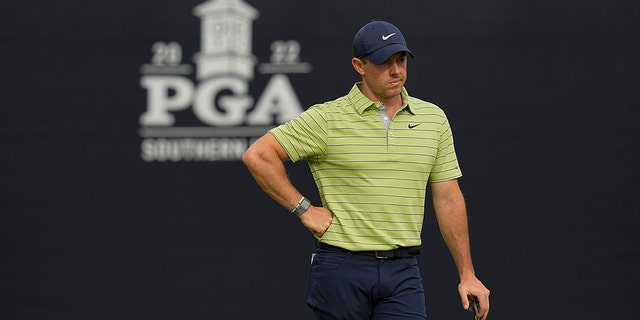 Rory McIlroy waits to hit at the PGA Championship, May 19, 2022, in Tulsa, Oklahoma.
