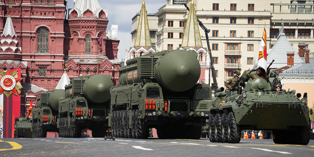 Russian ballistic missiles RS-24 Yars roll during the Victory Day military parade in Moscow, Russia on Monday, May 9.