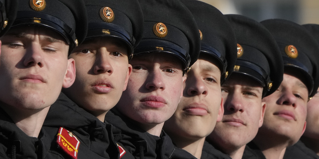 Cadets march in rehearsal for the Victory Day military parade in St. Petersburg, Russia on Thursday, April 28.