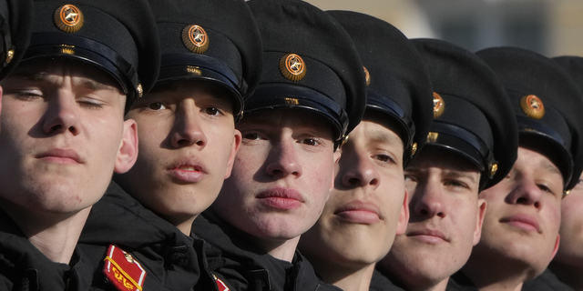 Cadets march during a rehearsal for the Victory Day military parade in St. Petersburg, Russia, on Thursday, April 28.