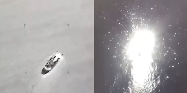 This split image taken from video purportedly shows a Russian patrol boat being destroyed in the Black Sea.