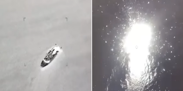 This split image taken from video purportedly shows a Russian patrol boat being destroyed in the Black Sea.