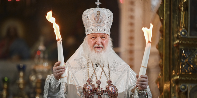 Russian Orthodox Church Patriarch Kirill conducts the Easter service at the Christ the Savior Cathedral in Moscow on Saturday, April 23.