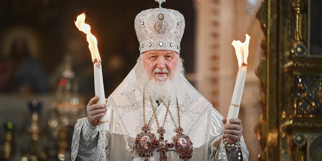 Russian Orthodox Church Patriarch Kirill conducts the Easter service at the Christ the Savior Cathedral in Moscow on Saturday, April 23.