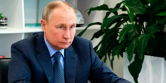 俄罗斯总统弗拉基米尔·普京（Vladimir Putin）于2022年5月11日星期三在俄罗斯索契的天狼星天才儿童教育中心通过视频会议主持人才与成功教育基金会董事会会议。