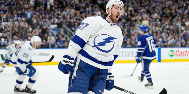 Ryan McDonagh of the Tampa Bay Lightning celebrates after scoring against the Maple Leafs during the Stanley Cup 2022 playoffs on May 10, 2022 in Toronto, Canada.