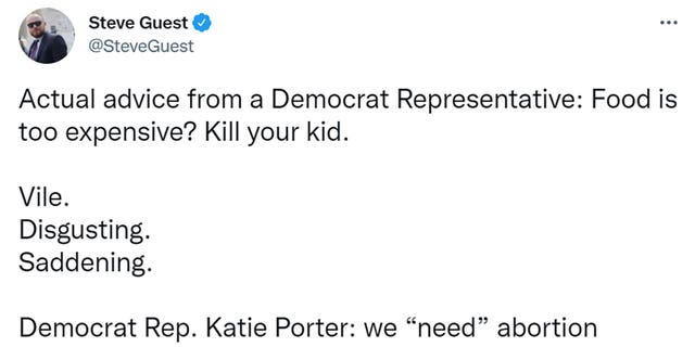 Steve Guest tweeted "Actual advice from a Democrat Representative: Food is too expensive? Kill your kid. Vile. Disgusting. Saddening."