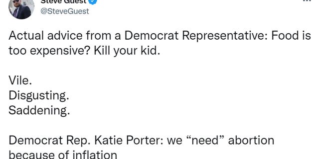 Steve Guest tweeted "Actual advice from a Democrat Representative: Food is too expensive? Kill your kid. Vile. Disgusting. Saddening."