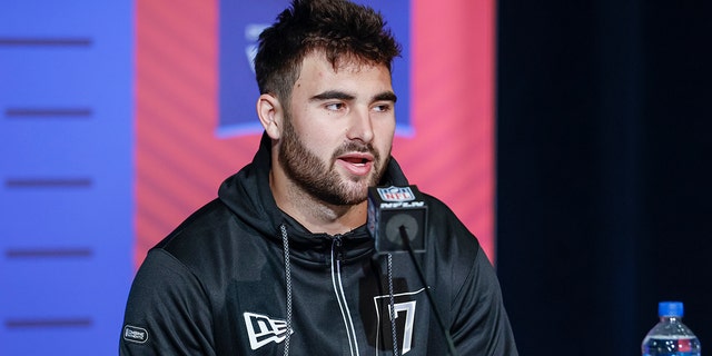 Sam Howell of the North Carolina Tar Heels speaks to reporters during the NFL Draft Combine at the Indiana Convention Center March 2, 2022, in Indianapolis.