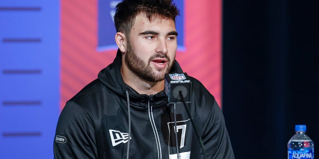 Sam Howell of North Carolina Tar Heels speaks to reporters during the NFL Draft Combine at the Indiana Convention Center on March 2, 2022 in Indianapolis.