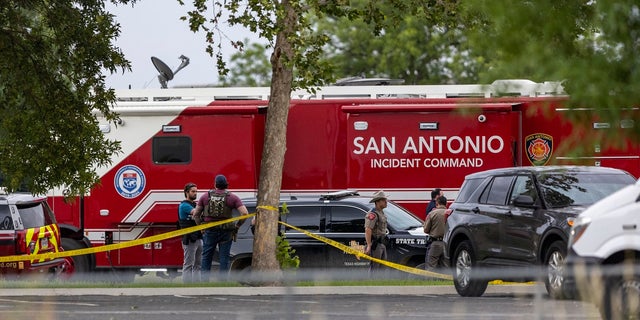 Equipment from the San Antonio Fire Department is parked outside Robb Elementary School in Uvalde, Texas, on Tuesday, May 24.