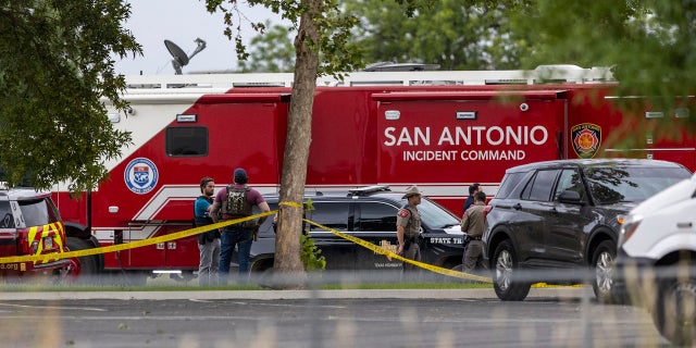 Equipment from the San Antonio Fire Department is parked outside Robb Elementary School in Uvalde, Texas, on Tuesday, May 24.