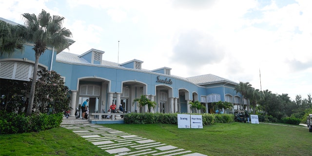 FILE - Photo of the Sandals Emerald Bay Resort during the third round of the Web.com Tour's The Bahamas Great Exuma Classic at Sandals Emerald Bay golf course on Jan. 15, 2019, in Great Exuma, Bahamas. 