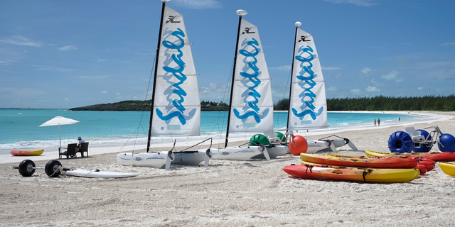 The beach area at the Sandals Emerald Bay resort.