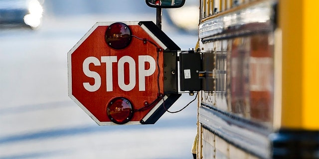 FILE - A school bus stop in Muhlenberg Township, Pennsylvania, Oct. 20, 2021.