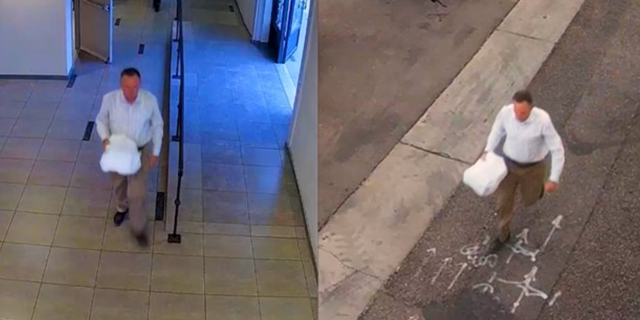 Police released these surveillance images of Rankin allegedly fleeing a wedding with boxes of wedding cars containing thousands in cash.