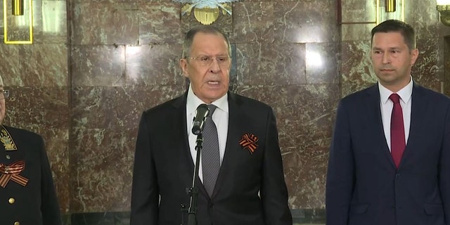 Russian Foreign Minister Sergei Lavrov speaks at a ceremony on Friday, May 6, 2022.
