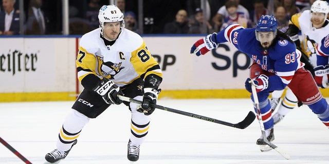 Sidney Crosby of the Pittsburgh Penguins skates against the New York Rangers during the Stanley Cup Playoffs at Madison Square Garden on May 11, 2022.