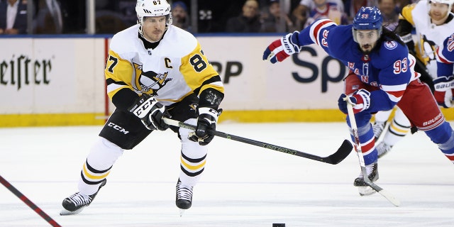 Sidney Crosby of the Pittsburgh Penguins skates against the New York Rangers during the Stanley Cup Playoffs at Madison Square Garden on May 11, 2022.