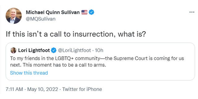Texas Scorecard publisher Michael Quinn Sullivan criticized Chicago Mayor Lori Lightfoot in a May 10, 2022 tweet after the Democrat issues a "call to arms" over the potential end to Roe v. Wade. (Screenshot/Twitter)