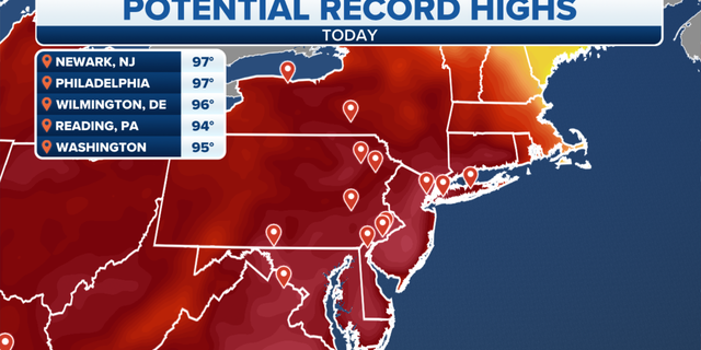 East Coast potential record high temperatures