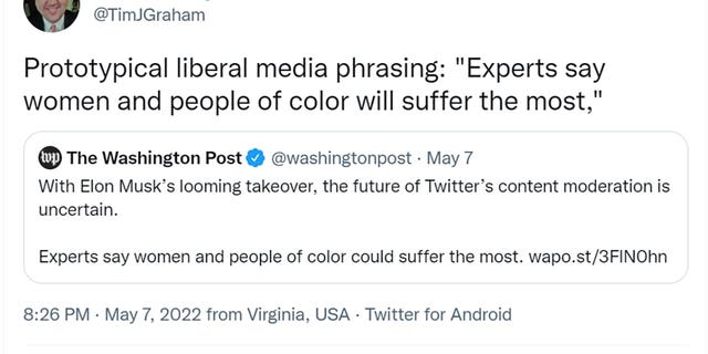 Tim Graham tweeted "Prototypical liberal media phrasing: ‘Experts say women and people of color will suffer the most.’"