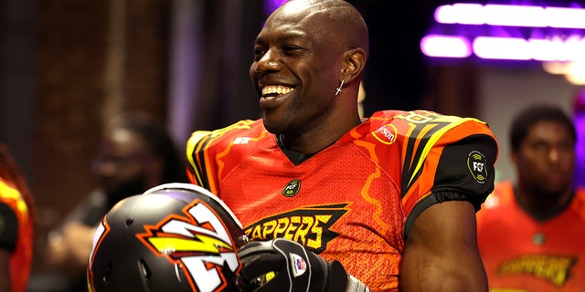 Terrell Owens of the Zappers reacts before the game against the Glacier Boyz during Fan Controlled Football on April 23, 2022, in Atlanta, Georgia.