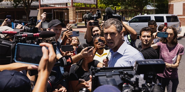 Democratic gubernatorial candidate Beto O'Rourke speaks to the media after interrupting a press conference held by Texas Gov. Greg Abbott on May 25, 2022 in Uvalde, Texas. (Photo by Jordan Vonderhaar/Getty Images)
