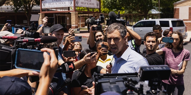 Democratic gubernatorial candidate Beto O'Rourke speaks to the media after interrupting a press conference held by Texas Gov. Greg Abbott on May 25, 2022 in Uvalde, Texas.