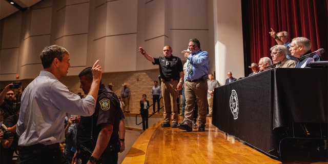 Democratic gubernatorial candidate Beto O'Rourke interrupts a press conference held by Texas Gov. Greg Abbott following a shooting yesterday at Robb Elementary School which left 21 dead including 19 children, on May 25, 2022 in Uvalde, Texas.