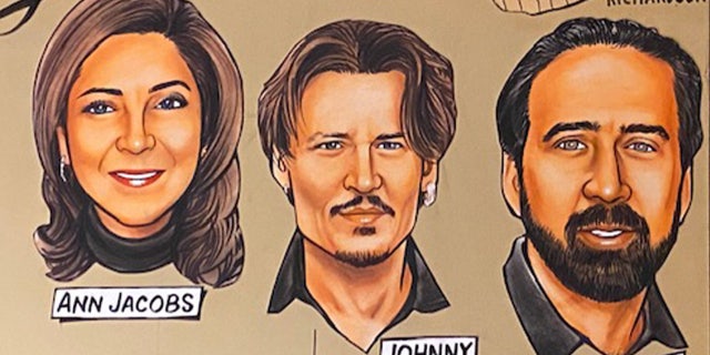 A close-up of Johnny Depp's caricature at The Palm restaurant in McLean, Virginia. He earned a coveted spot on the wall after spending countless nights dining at the steakhouse during the civil trial.