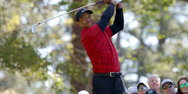 Tiger Woods plays his shot from the fourth tee during the final round of the Masters at Augusta National Golf Club on April 10, 2022, in Georgia.